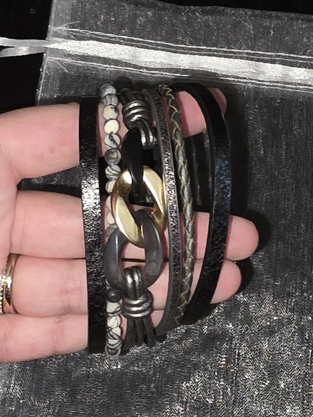 SAACHI Black & Gold Multi-Strand Leather Magnetic Bracelet